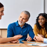 **Image Prompt 1: The Human-Centric Leader as Coach**
    A modern, empathetic leader acts as a coach, actively listening and guiding a diverse team in a collaborative setting. The scene emphasizes connection, empowerment, and individual growth, with team members engaged and motivated. Subtle hints of digital tools or a hybrid work environment are in the background, showcasing the blend of human touch and technology.