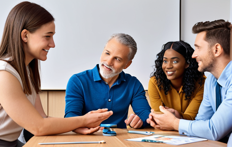 **Image Prompt 1: The Human-Centric Leader as Coach**
A modern, empathetic leader acts as a coach, actively listening and guiding a diverse team in a collaborative setting. The scene emphasizes connection, empowerment, and individual growth, with team members engaged and motivated. Subtle hints of digital tools or a hybrid work environment are in the background, showcasing the blend of human touch and technology.