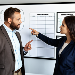 ** A leader receiving guidance from a mentor in a modern office setting. The mentor is pointing at a whiteboard filled with strategic plans.

**